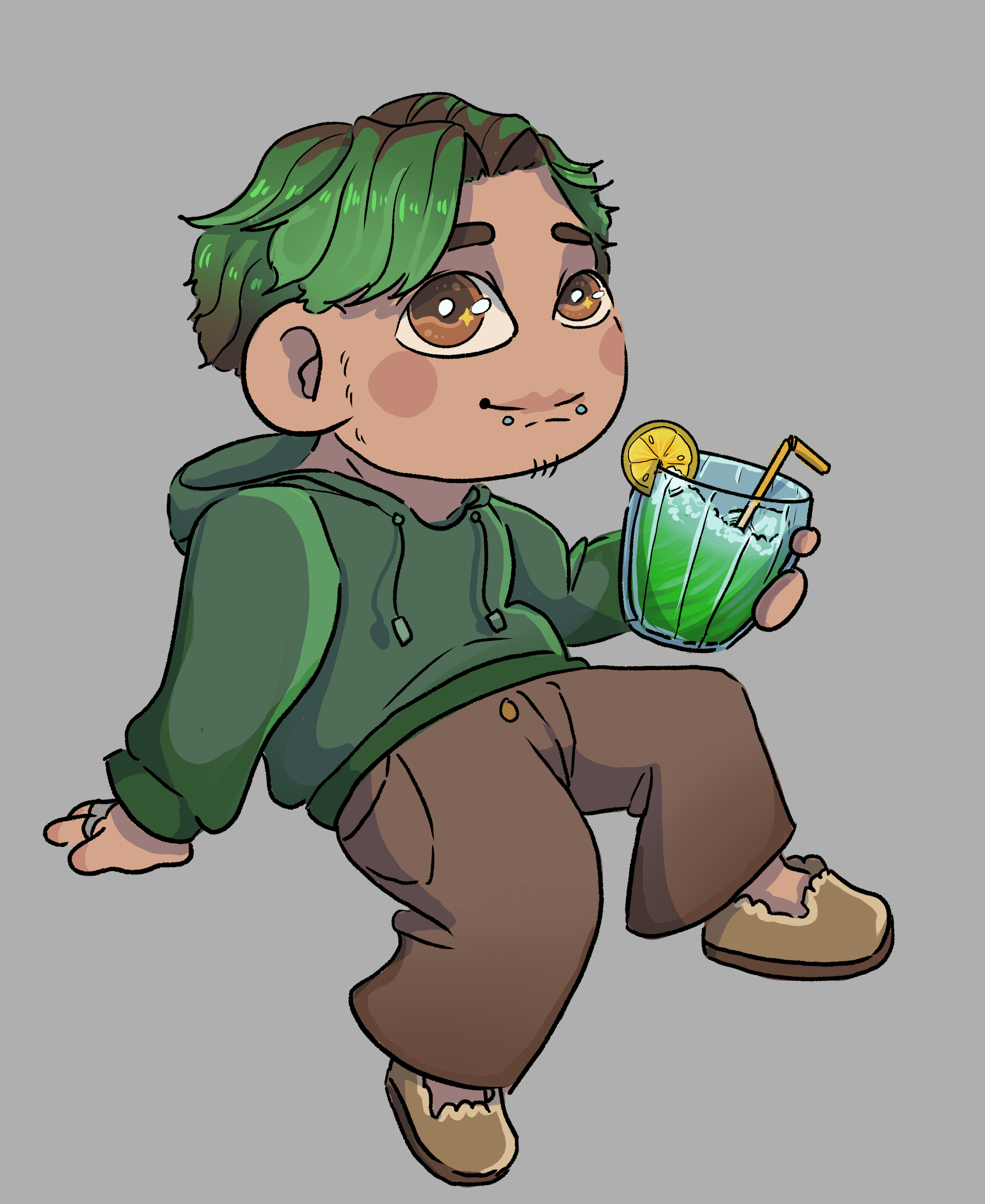Diabolo menthe Chibi d'une personne aux cheveux verts et sweat vert tenant un diabolo menthe