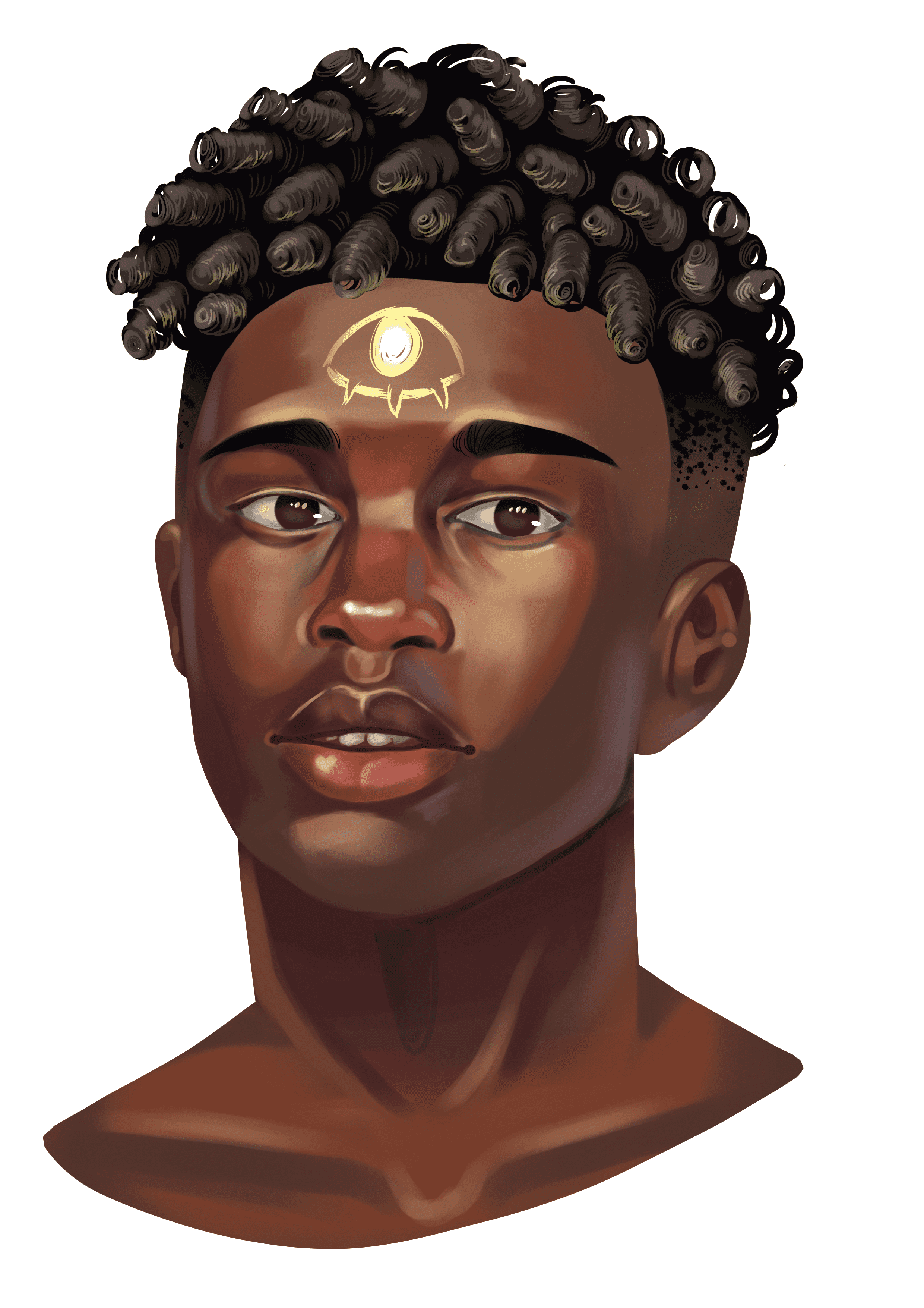 Portrait en digital painting d'un jeune homme noir avec de courtes locks. Il a un oeil doré brillant dessiné sur le front
