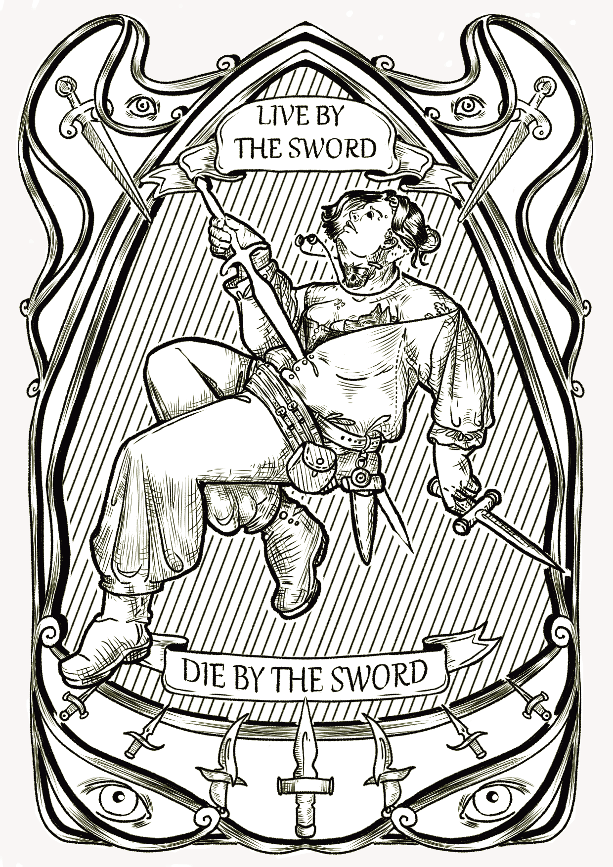 une femme transpercée par une épée dans un cadre art nouveau. Il est écrit "live by the sword, die by the sword"