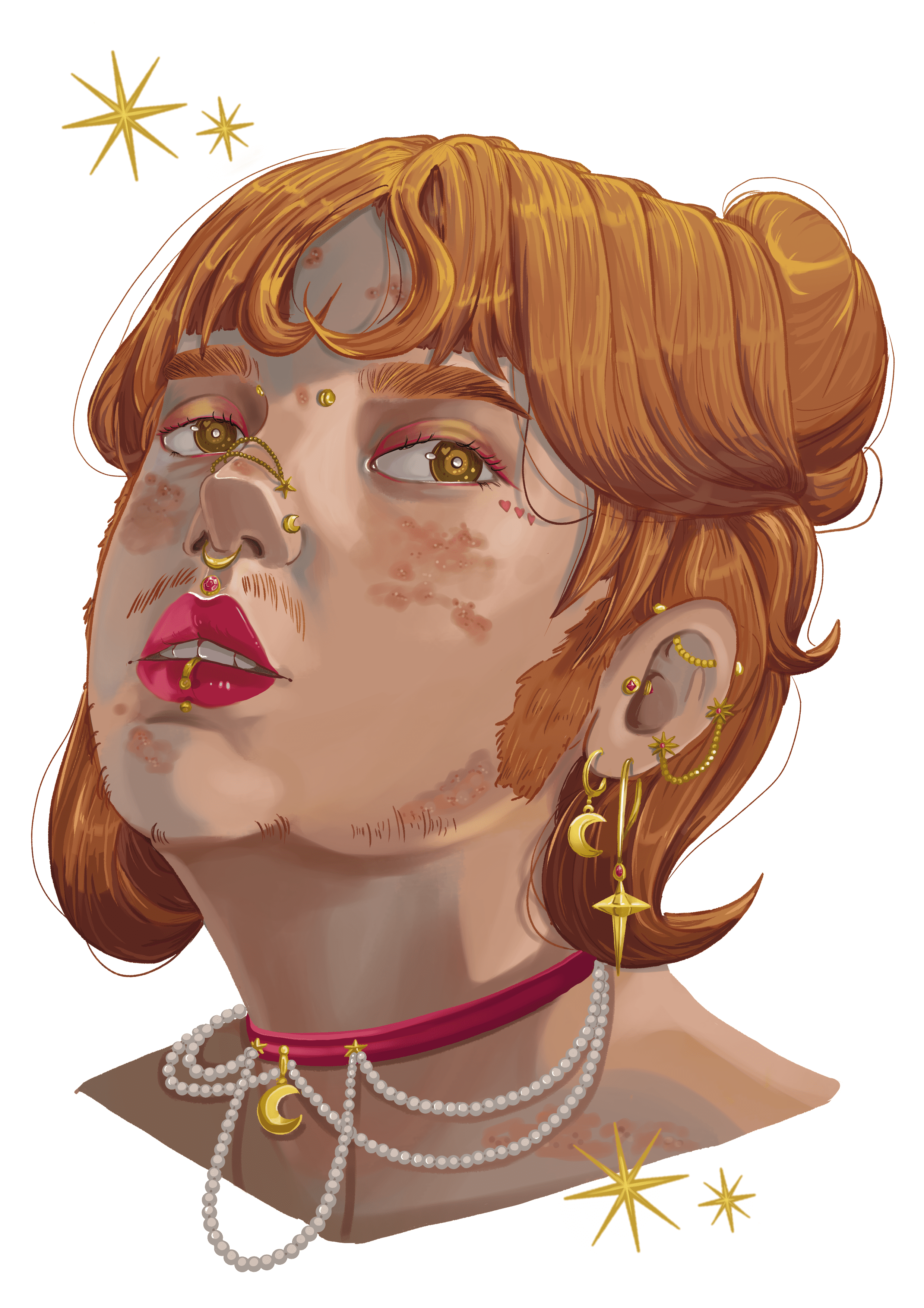 percy piercings Portrait en digital painting d'un homme blanc roux, avec des piercings et boucles d'oreilles dorées, et un choker rouge à perles