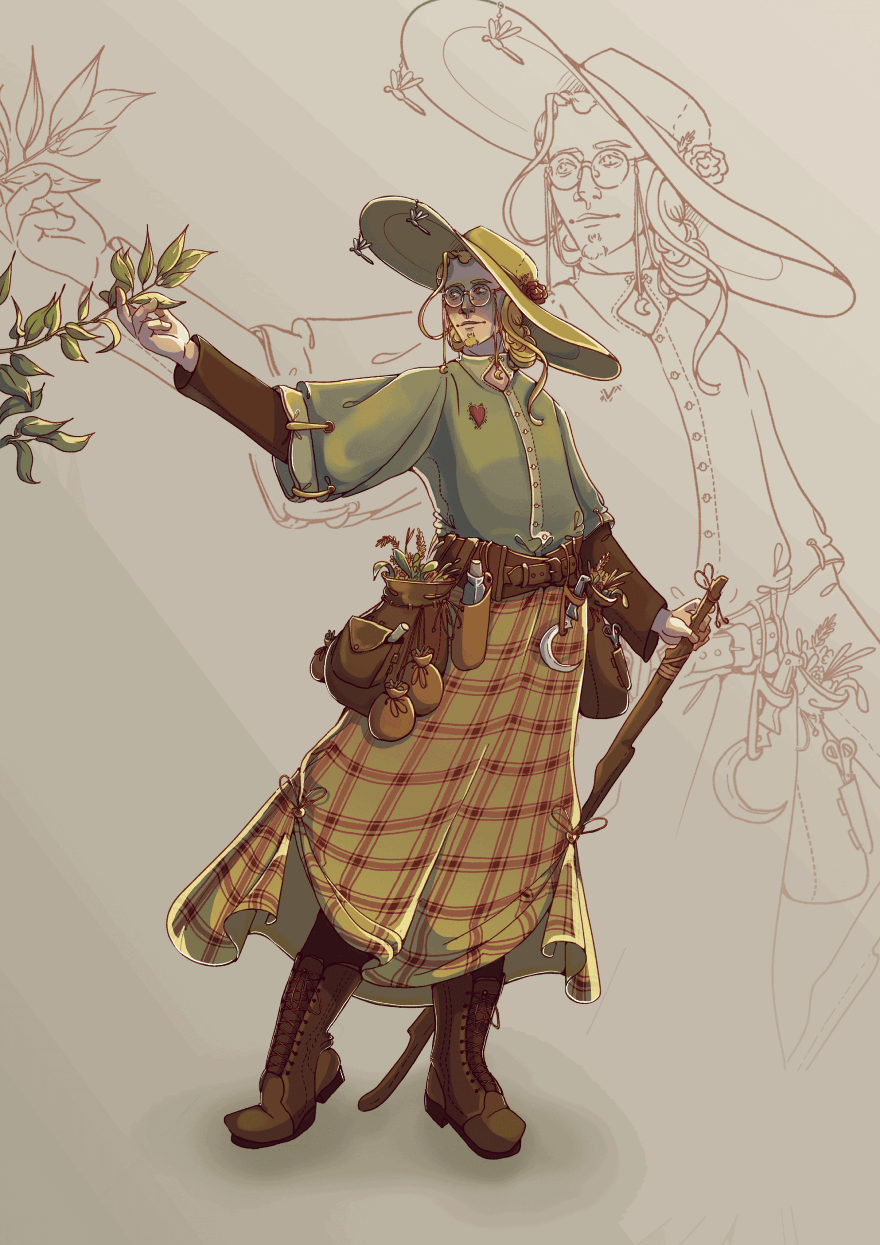 dessin d'un homme debout, de face, tendant la main vers une branche. Il a les cheveux longs attachés, un grand chapeau, un haut vert et une longue jupe quadrillée. Il tient un baton, et sur sa ceinture sont attachés des sacs plein de plantes, une gourde, et une petite faux