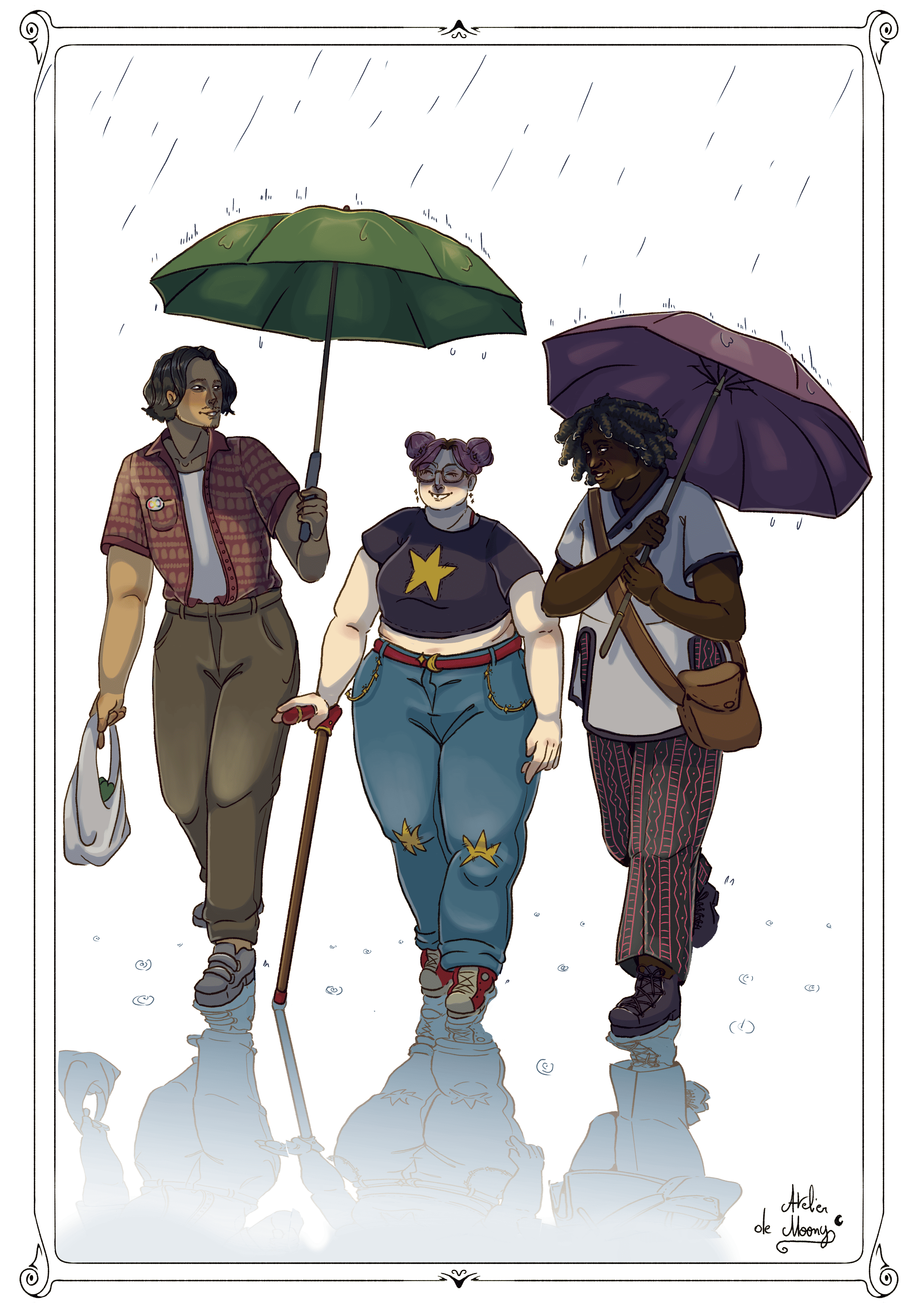 Illustration de trois personnages marchant sous la pluie : une personne fine et grande, au teint bronzé, avec un badge montrant le spectre de la neurodivergence, une personne blanche petite et grosse marchant avec une canne, et une personne noire de taille moyenne