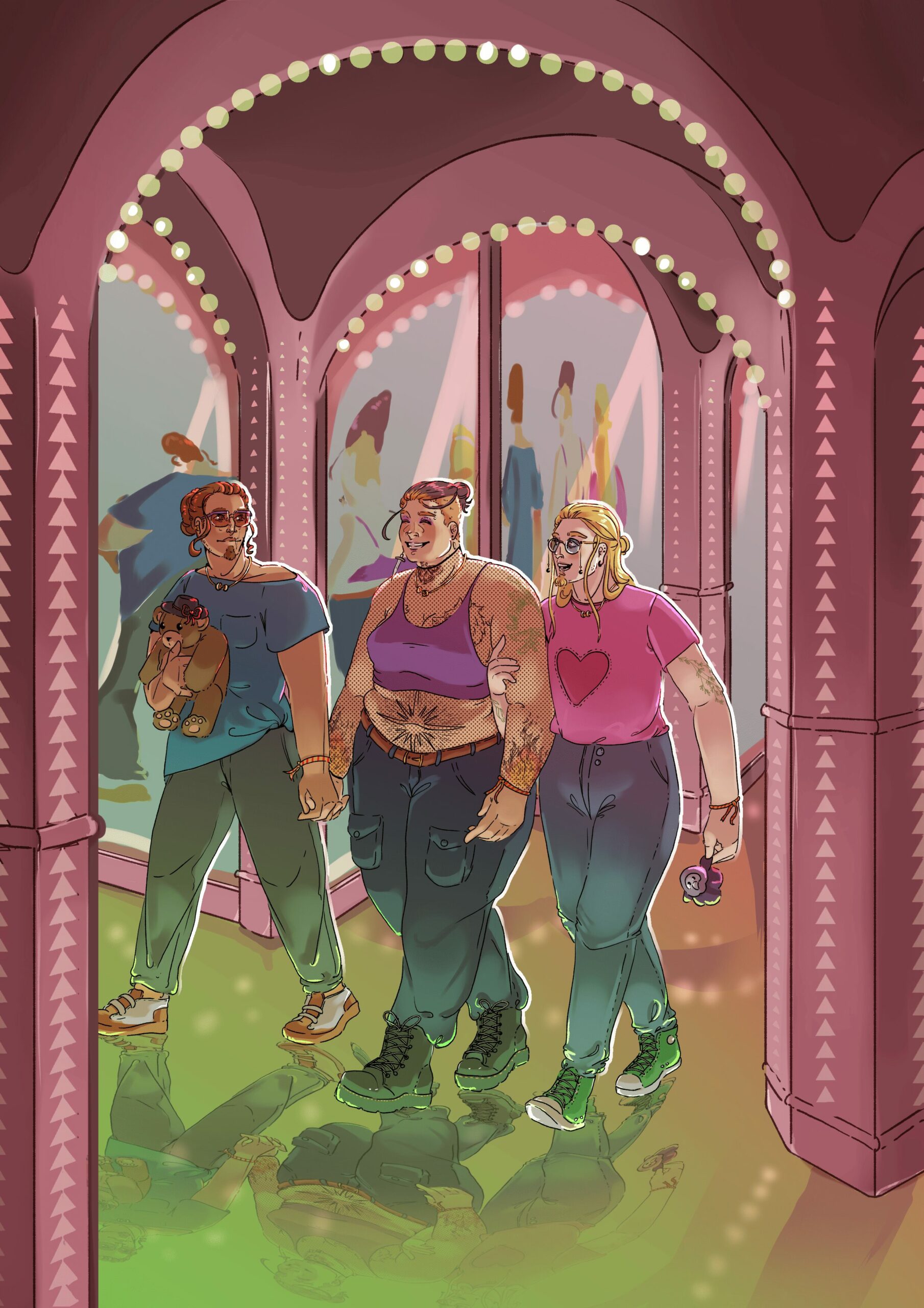 trois personnages derrière une machine à pince de fête foraine, essayant d'attraper une petite peluche plague doctor